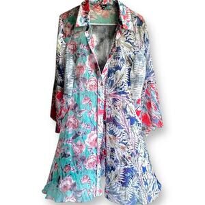 VTG Floral Patchwork Sheer Duster Kimono Bell Sleeve Boho Festival 90s Y2K M - L